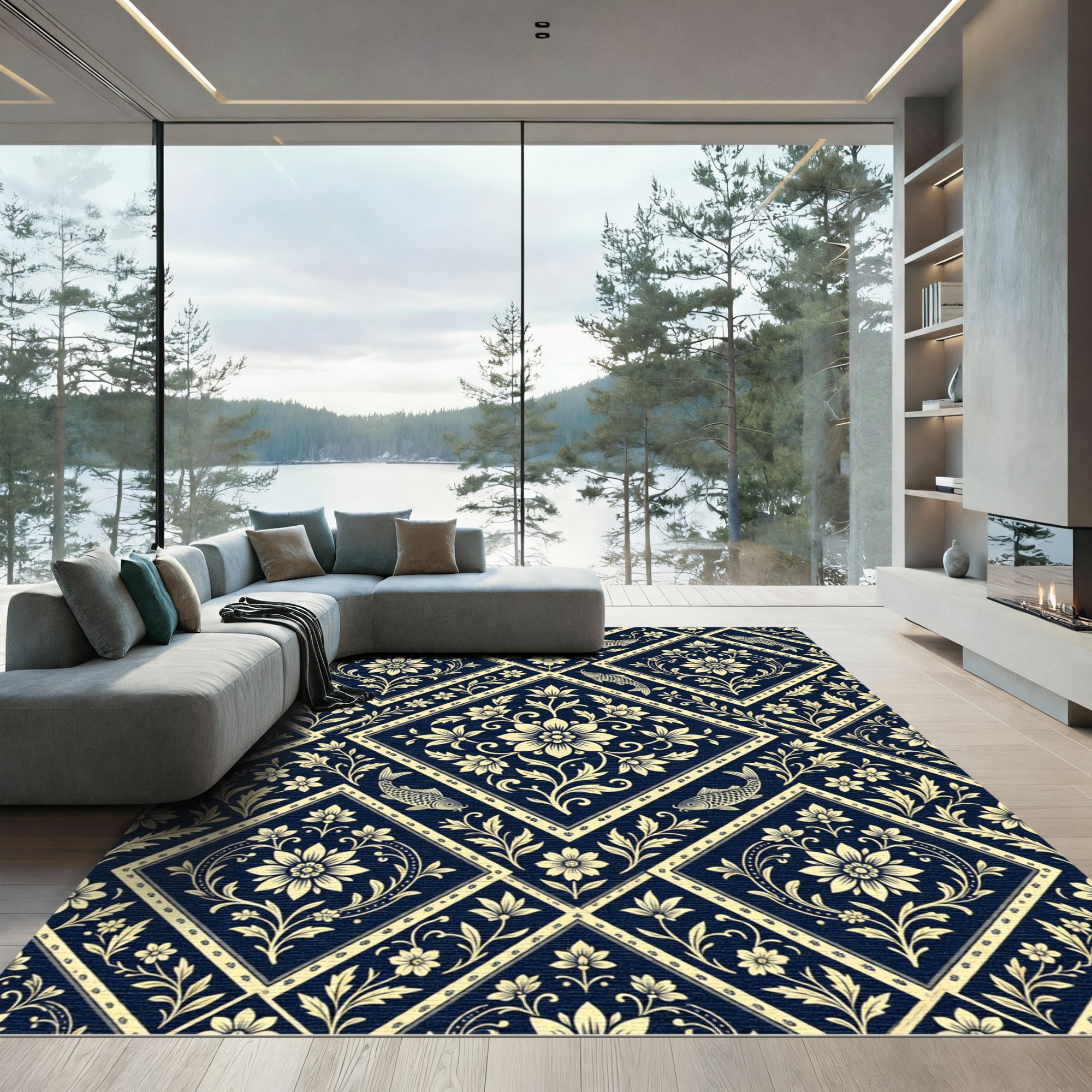 Navy Gold Floral Koi Fish Diamond Rug