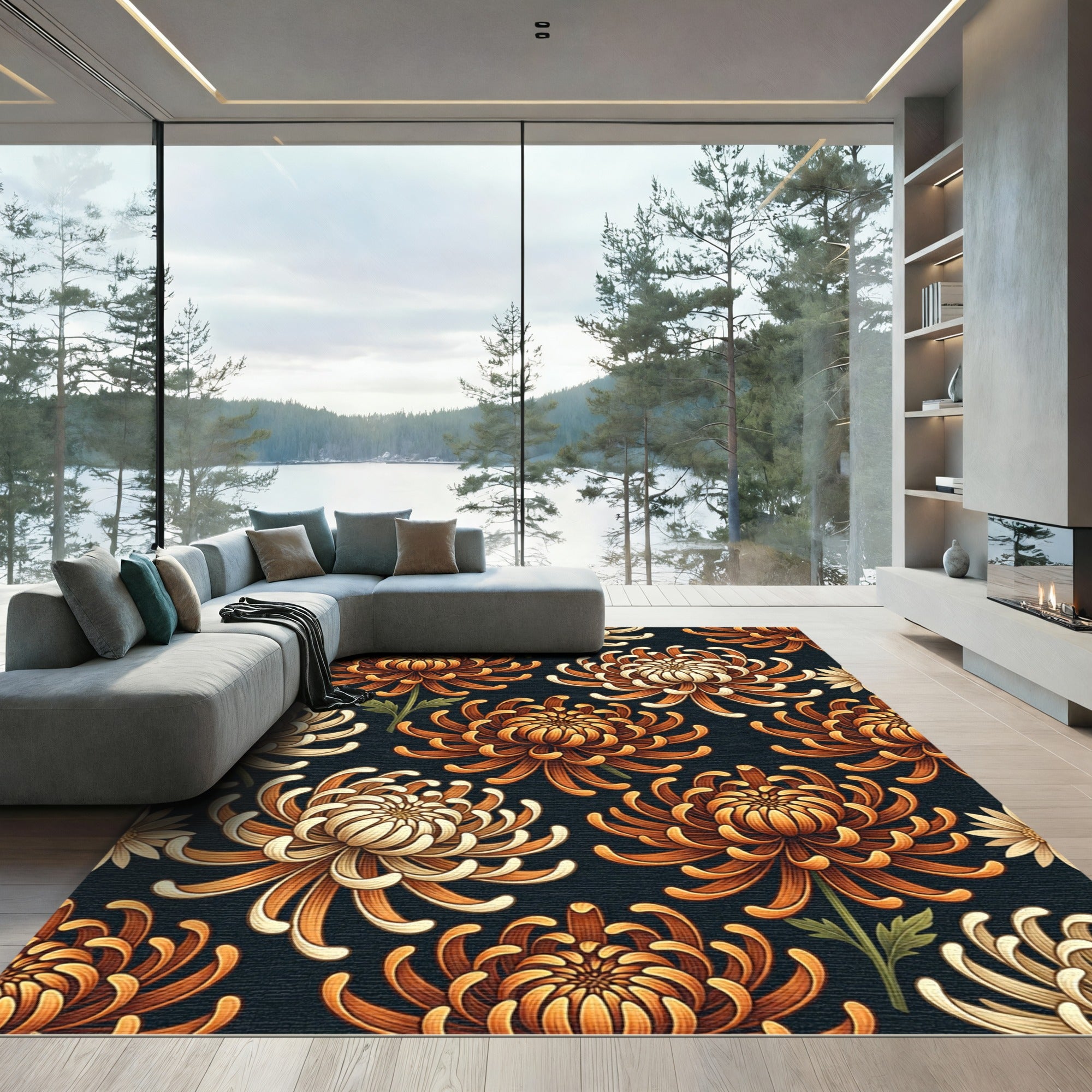 Earthy Amber Chrysanthemum Floral Dark Botanical Rug