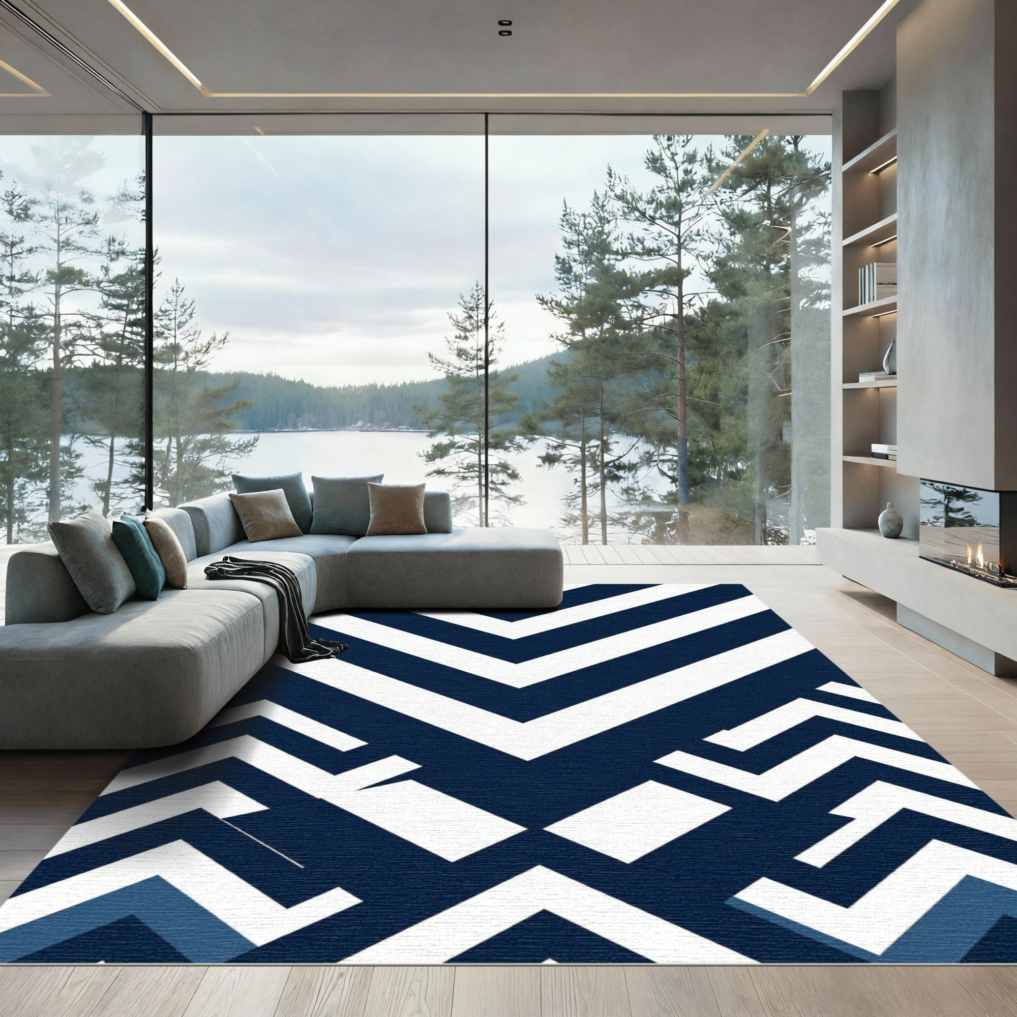 Geometric Chevron Navy White Composition Rug