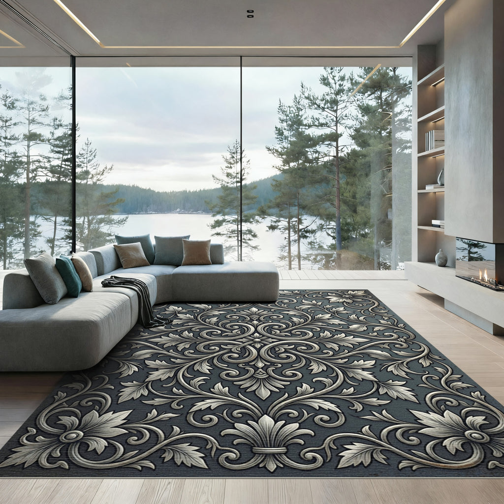 Elegant Silver Ornate Floral Damask Rug