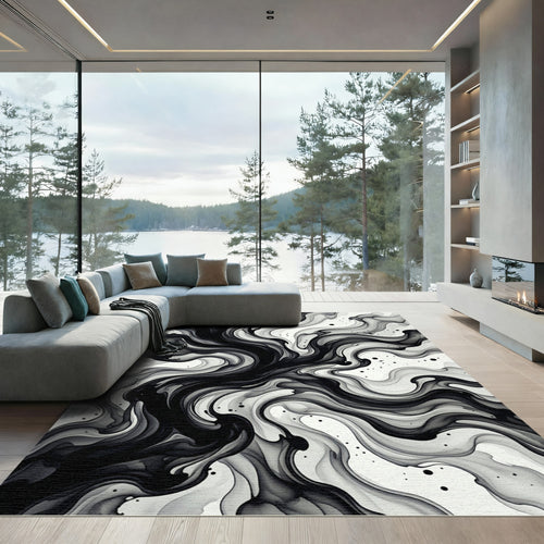 Abstract Black Ink Swirls Rug