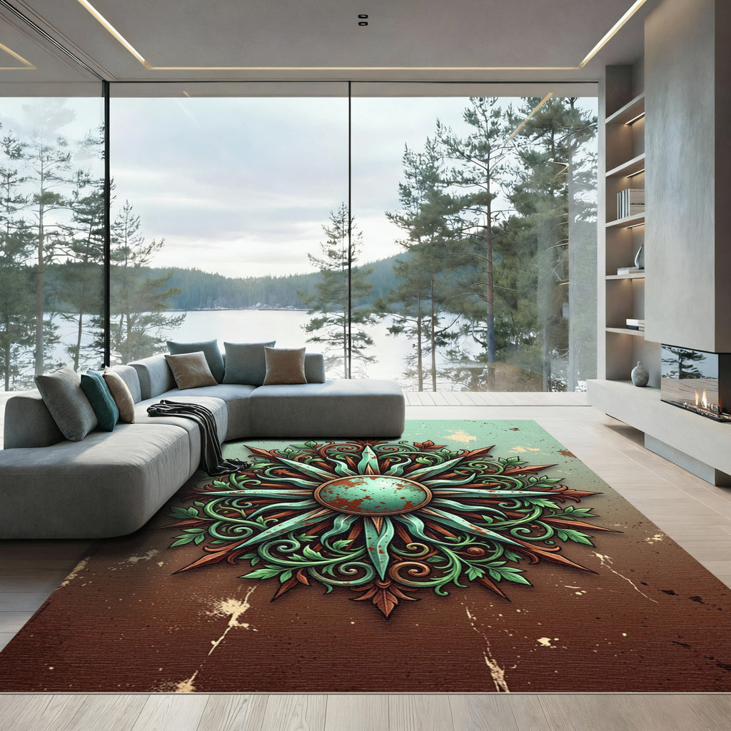 Ornate Copper Teal Sunburst Medallion Rug