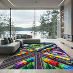 Vibrant Isometric Mountain Railway Landscape Rug