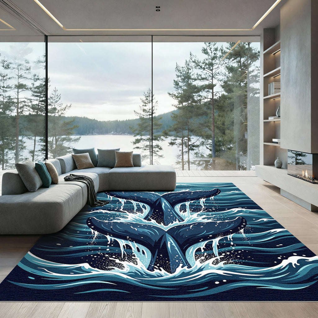 Deep Blue Double Whale Tail Splash Rug