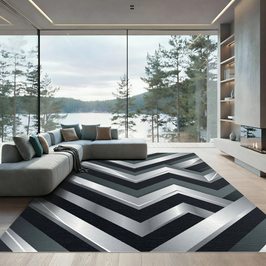 Metallic Silver Sharp Geometric Chevron Rug