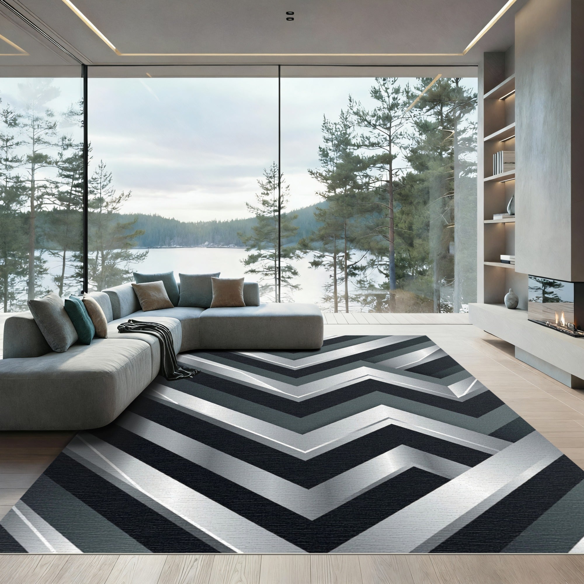 Metallic Silver Sharp Geometric Chevron Rug