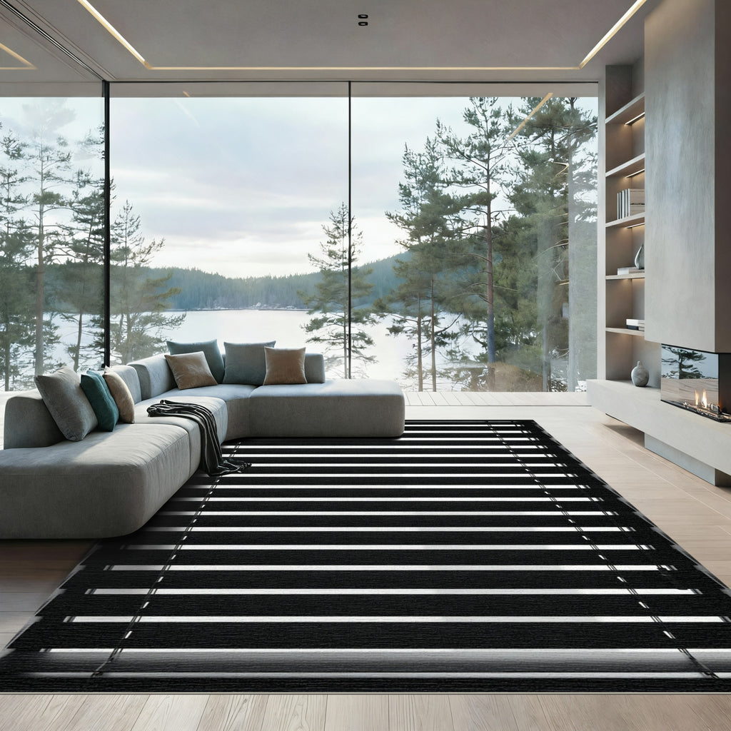 Modern Black Horizontal Line Blinds Rug