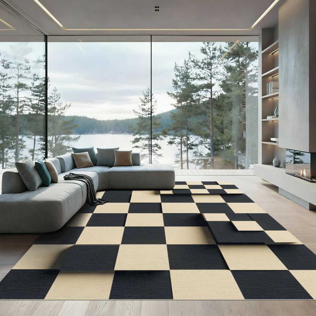 Modern Monochrome Geometric Checkered Relief Rug