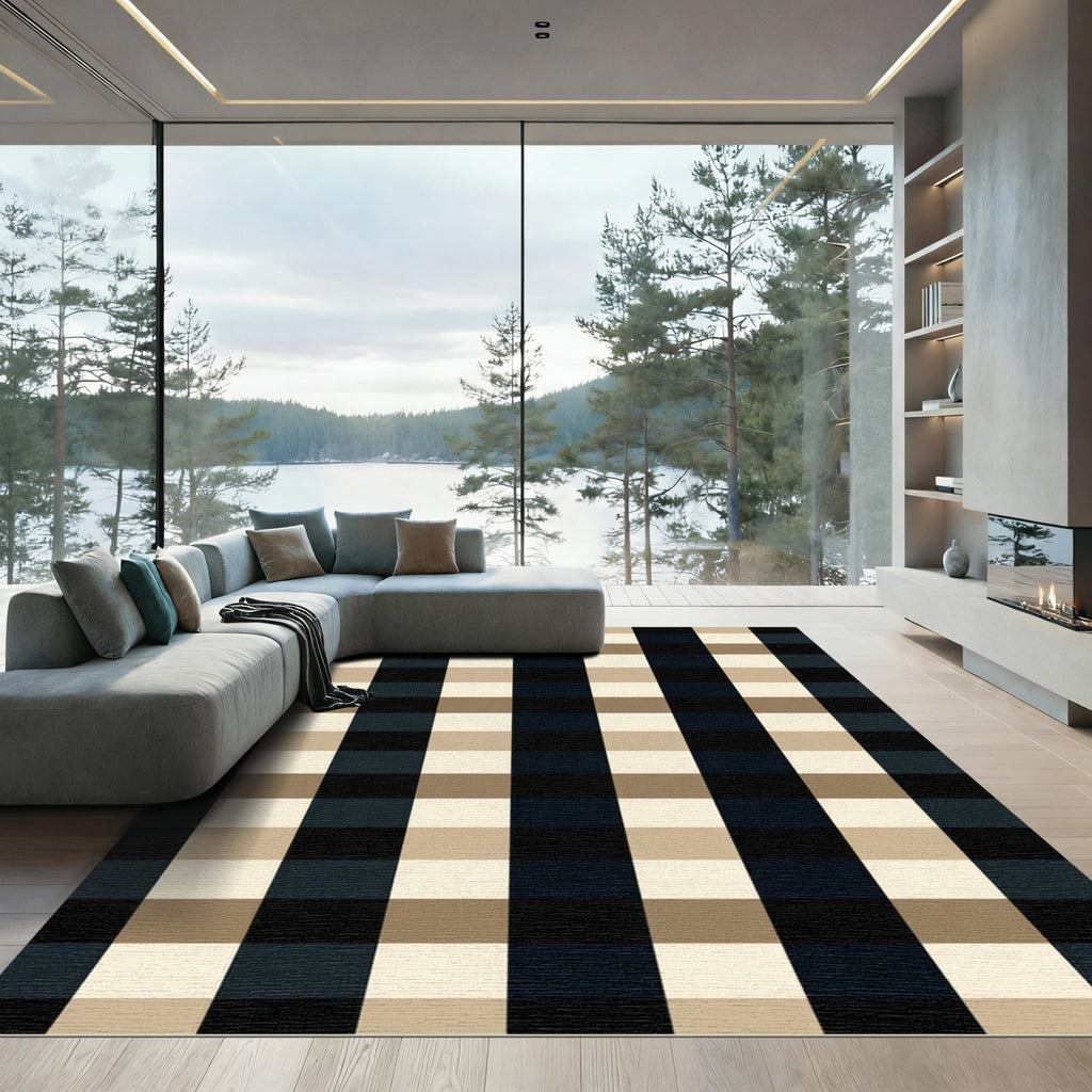 Classic Black Tan Checkered Squares Rug