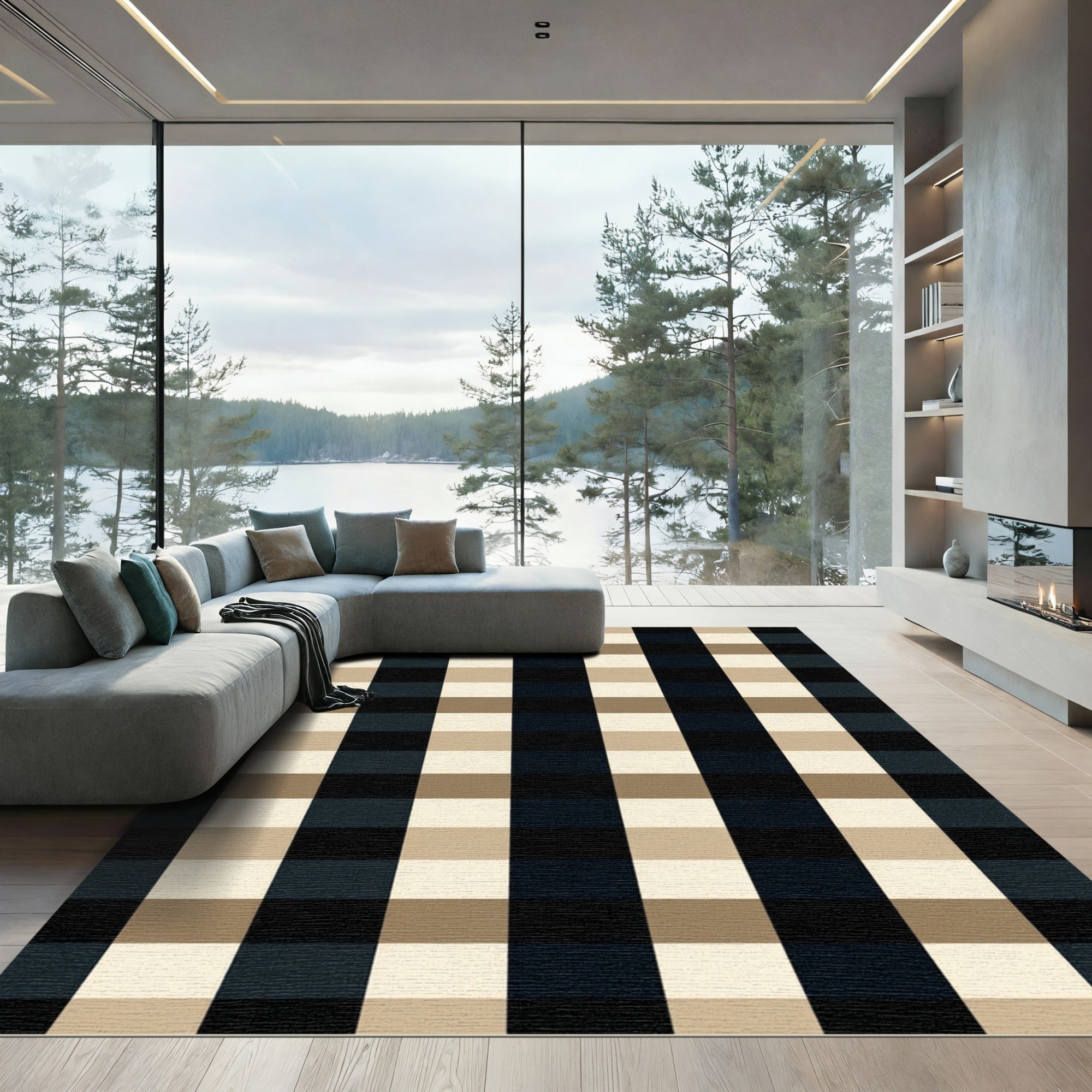 Classic Black Tan Checkered Squares Rug