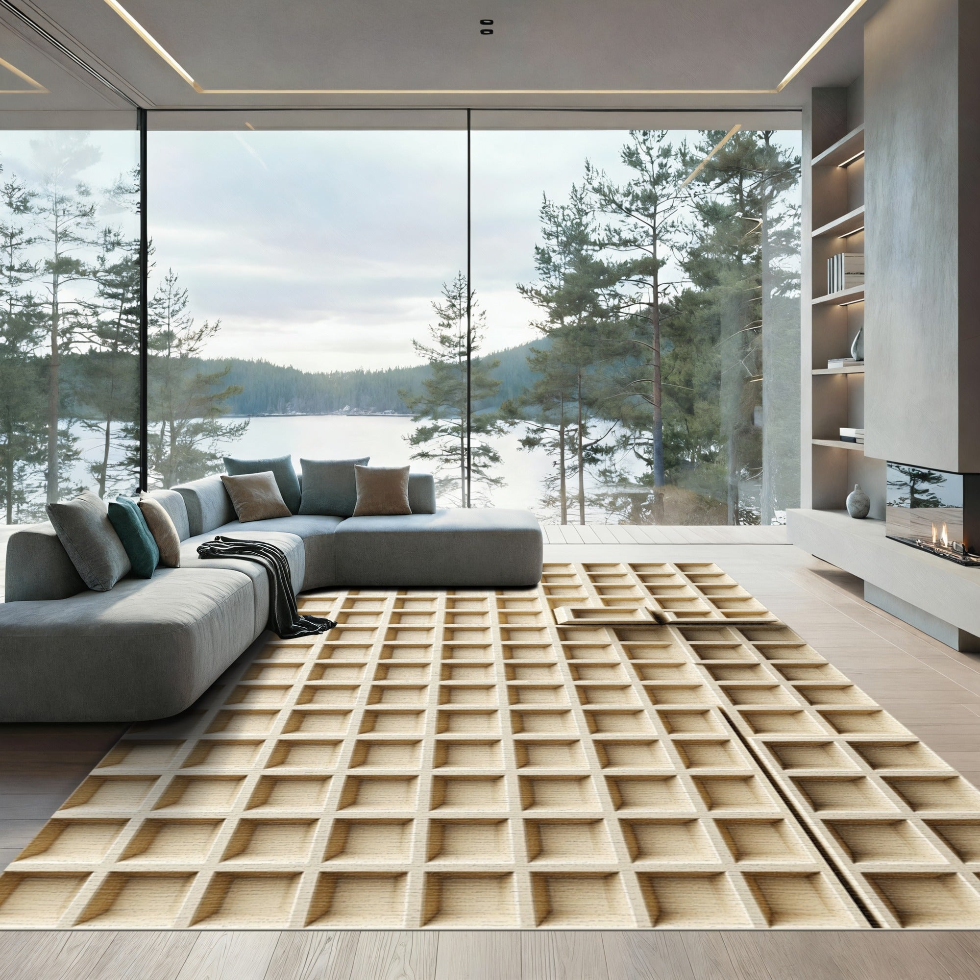 Beige Isometric Grid Architectural Texture Rug