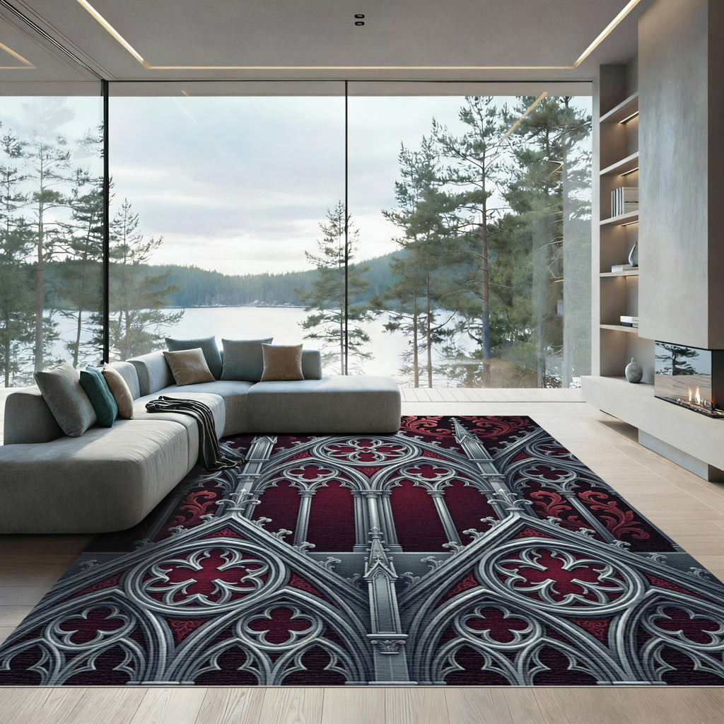 Gothic Silver Filigree Crimson Architecture Rug