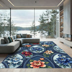 Elegance Deep Blue Peony Arch Floral Rug