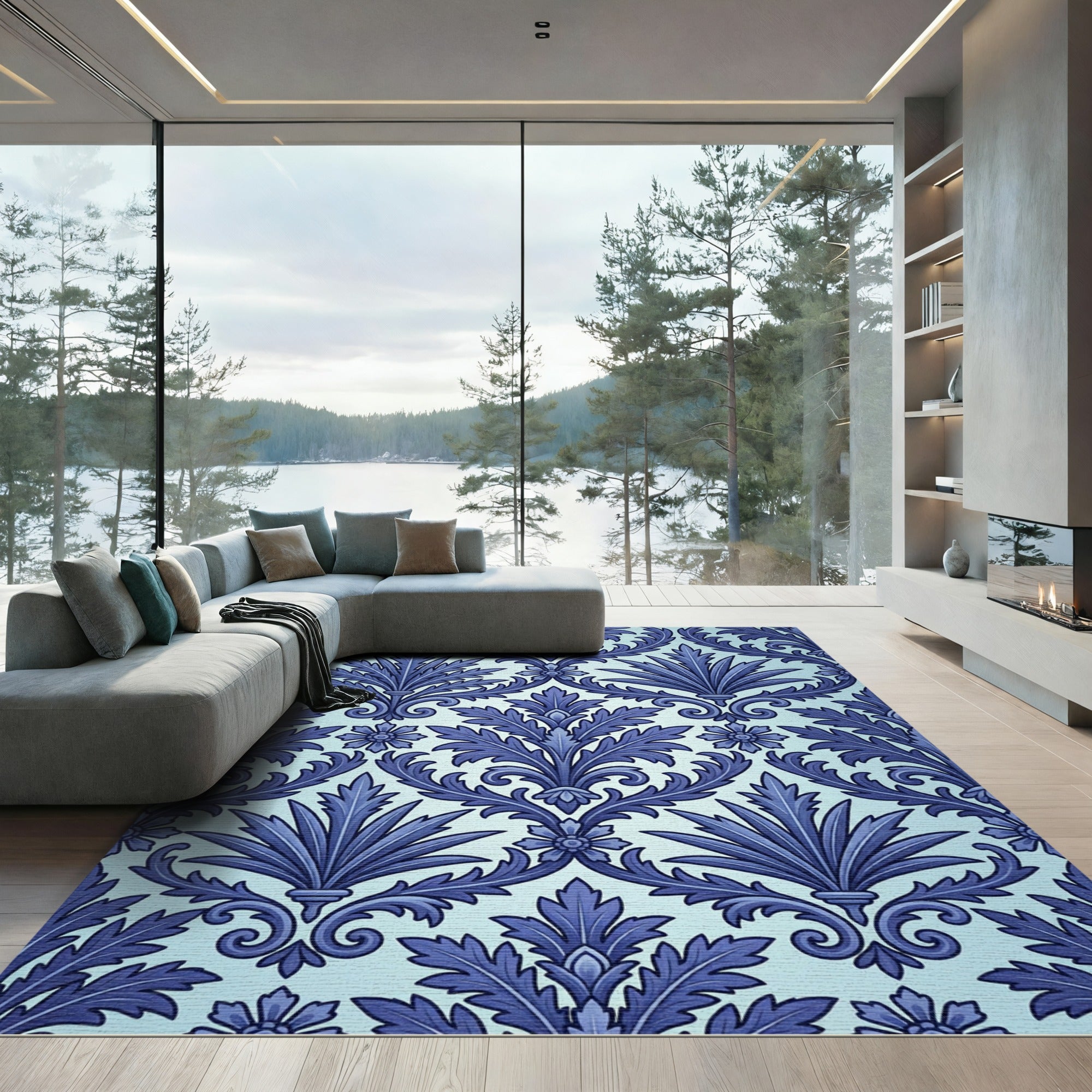 Deep Blue Acanthus Leaf Damask Rug