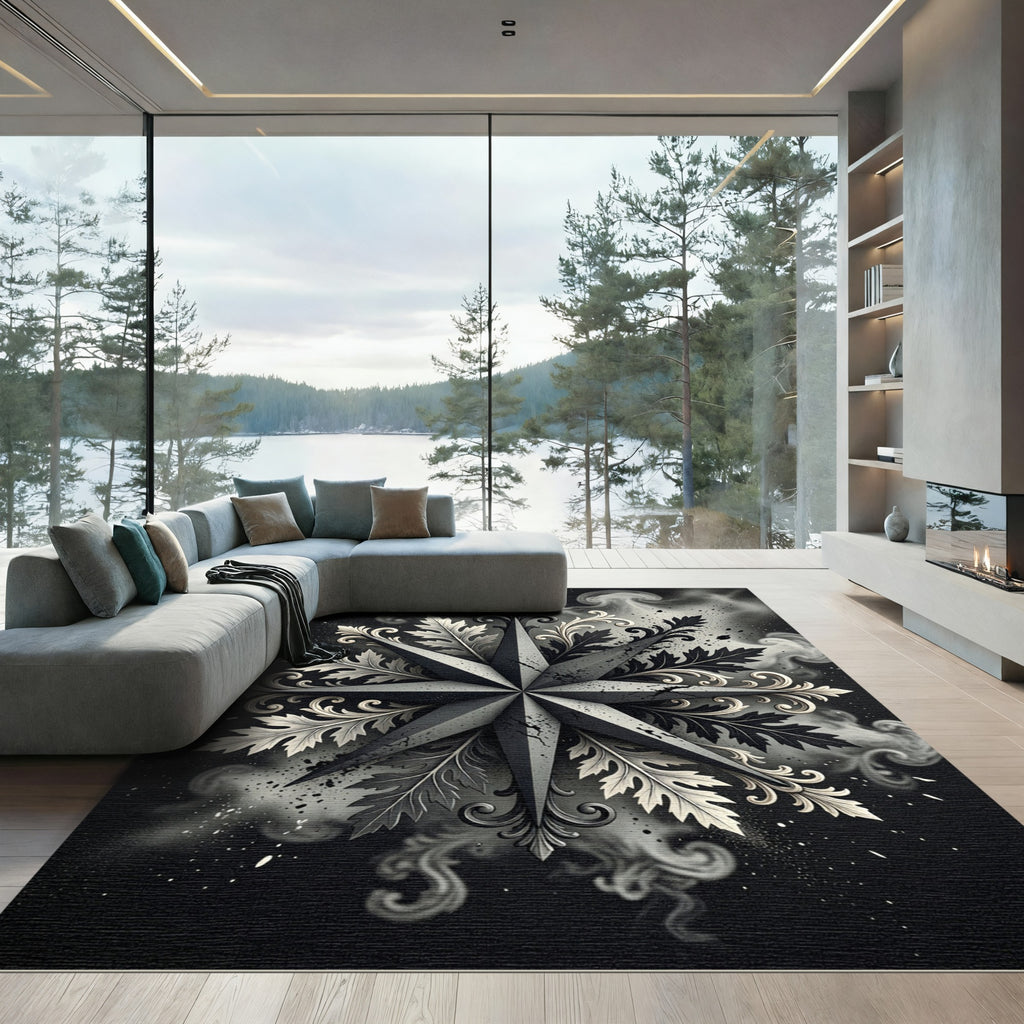 Ombre Black White Floral Starburst Rug