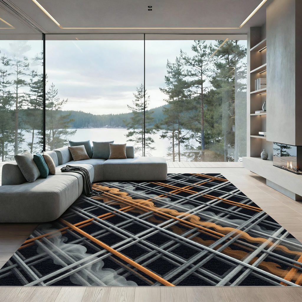 Modern Amber Gold Grid and Wave Rug