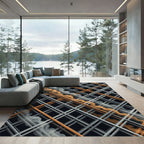 Modern Amber Gold Grid and Wave Rug