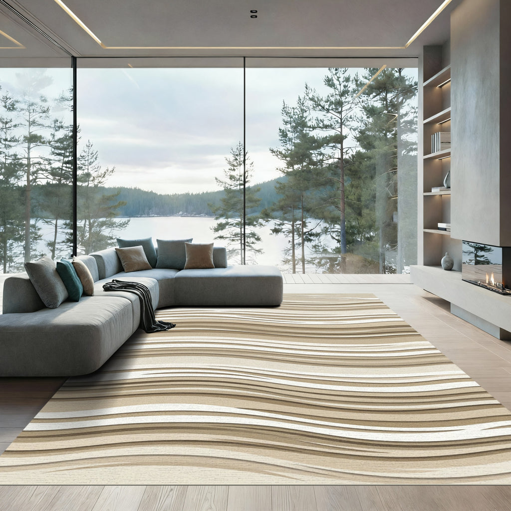Minimalist Neutral Earthy Wavy Layered Rug