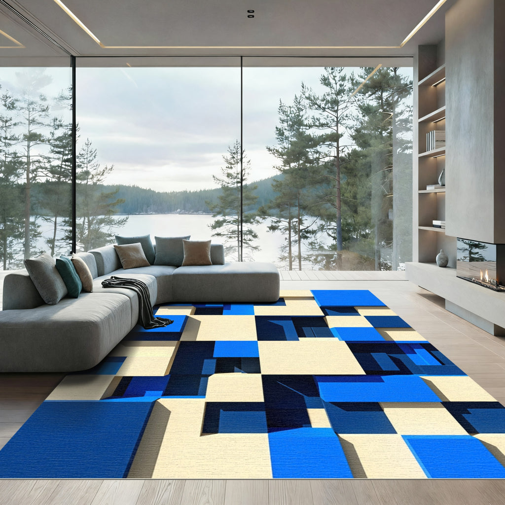 Modern Geometric Cubes Cream Blue Rug