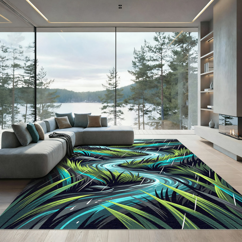 Rainy Meadow Stream Winding River View Rug
