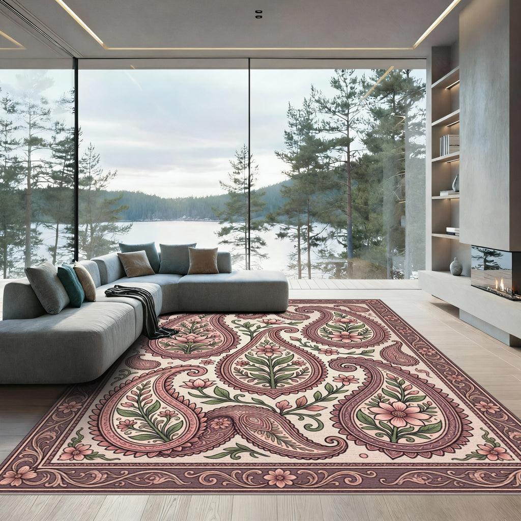 Elegant Blush Pink Floral Paisley Rug