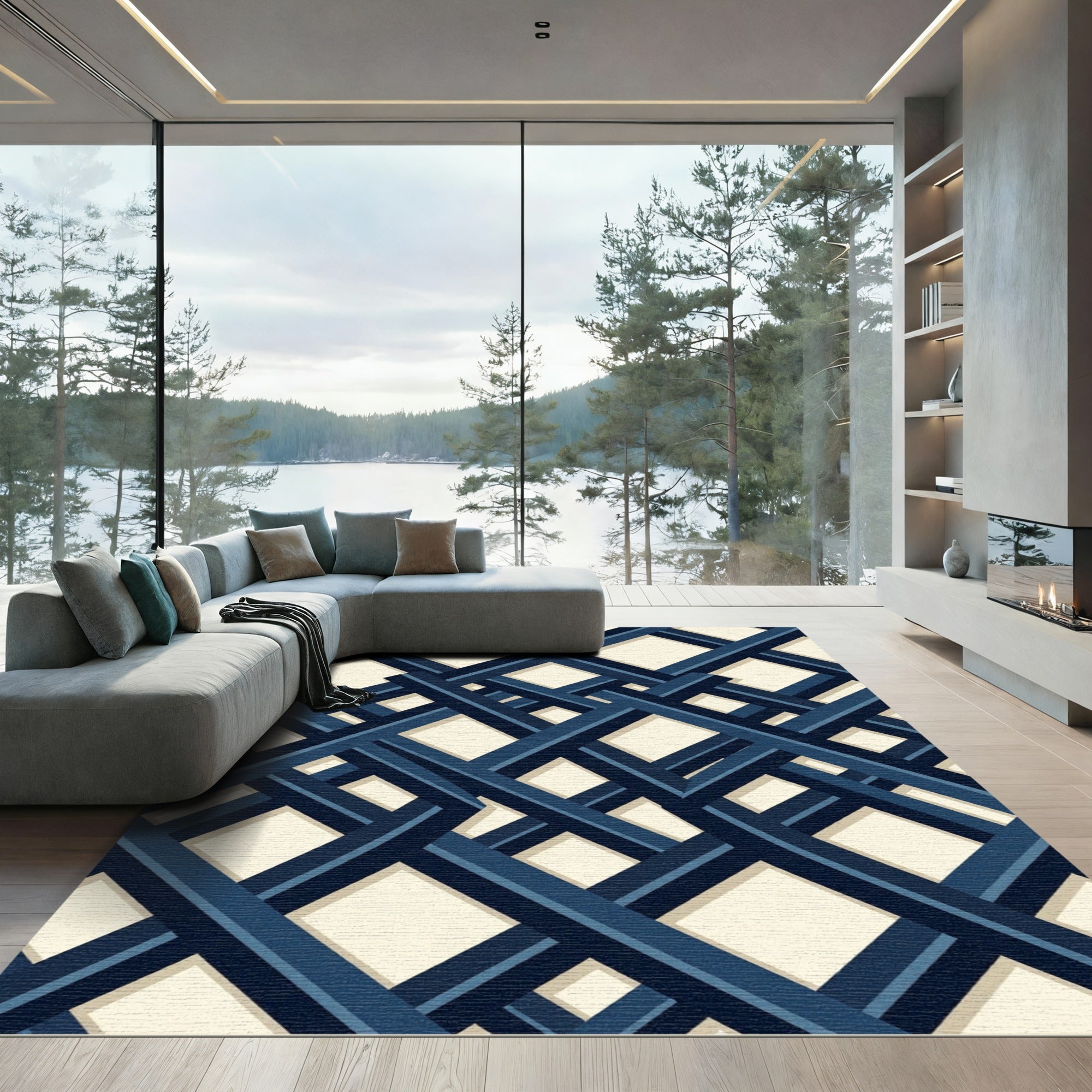 Modern Navy Geometric Interlocking Lattice Rug