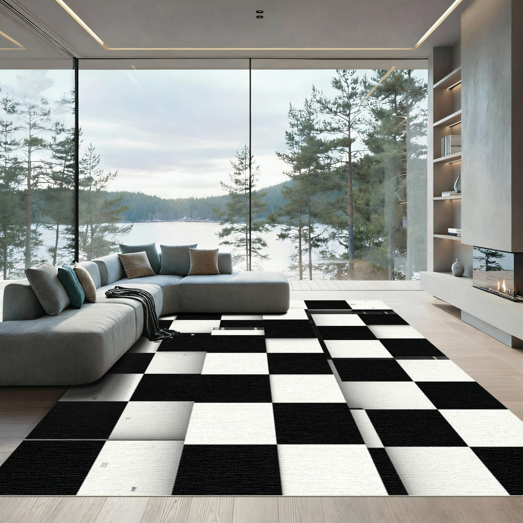 Graphic Black White Checkerboard Grid Rug