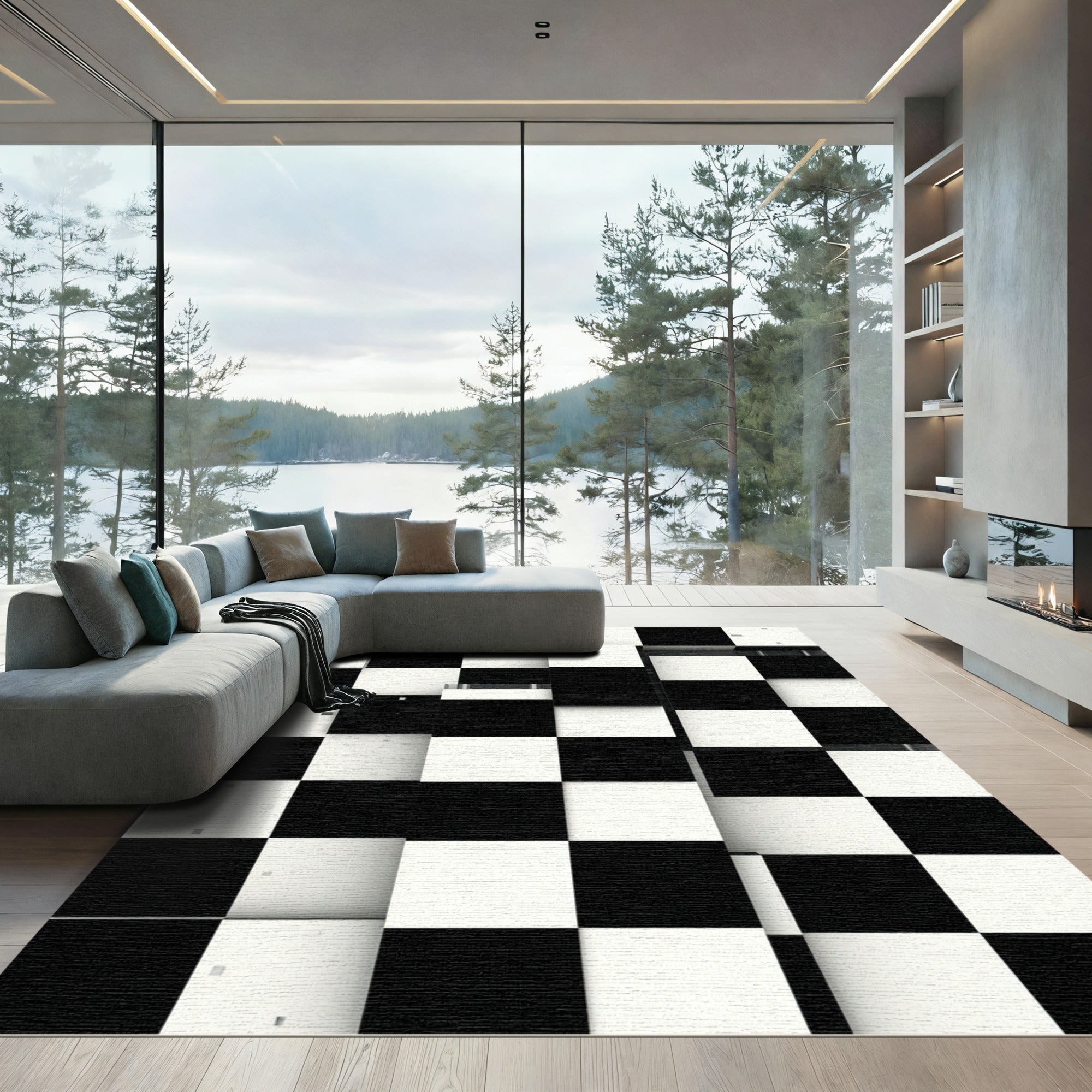 Graphic Black White Checkerboard Grid Rug