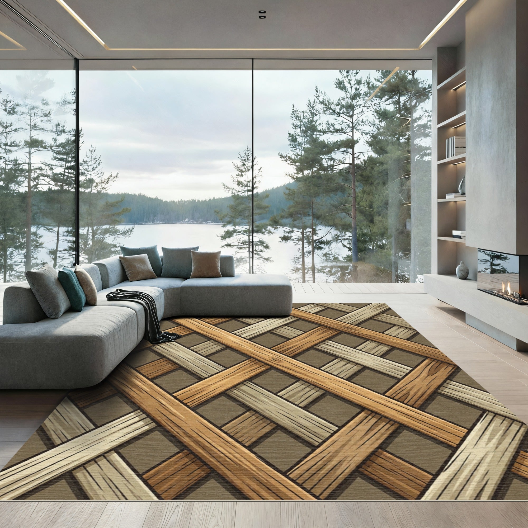 Woven Wood Toned Interlocking Grid Rug