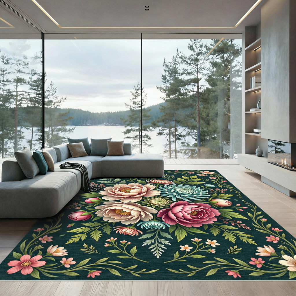 Lush Dark Floral Botanical Peony Bouquet Rug