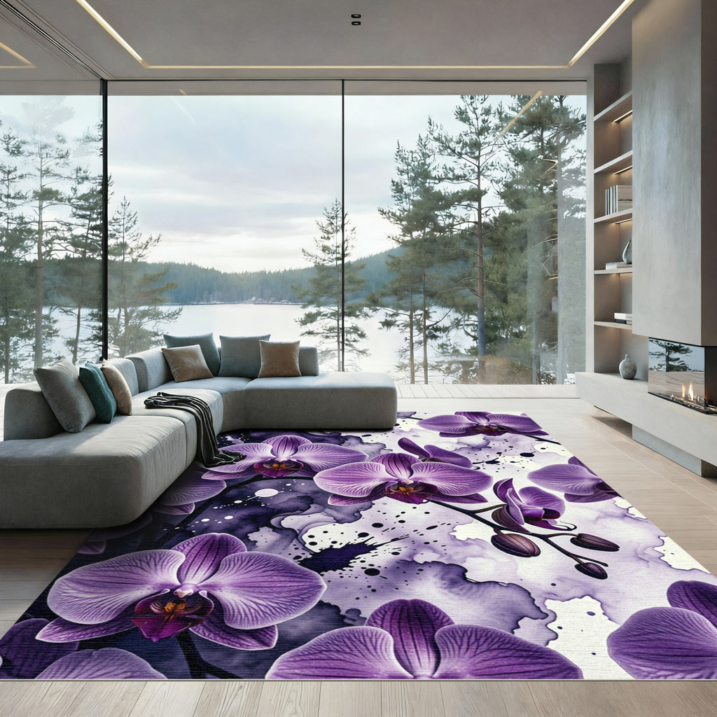 Ethereal Purple Orchid Ink Wash Floral Rug