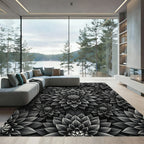 Monochrome Black Floral Dahlia Bloom Rug