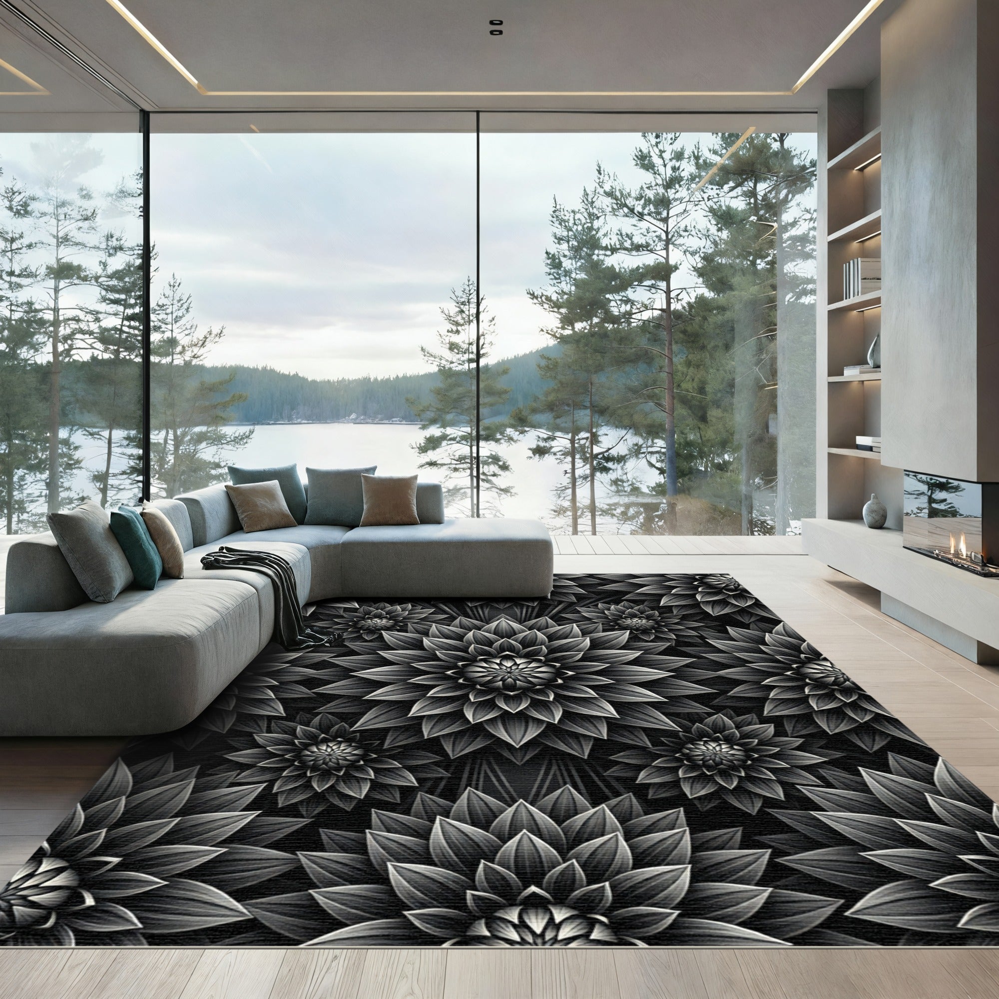 Monochrome Black Floral Dahlia Bloom Rug