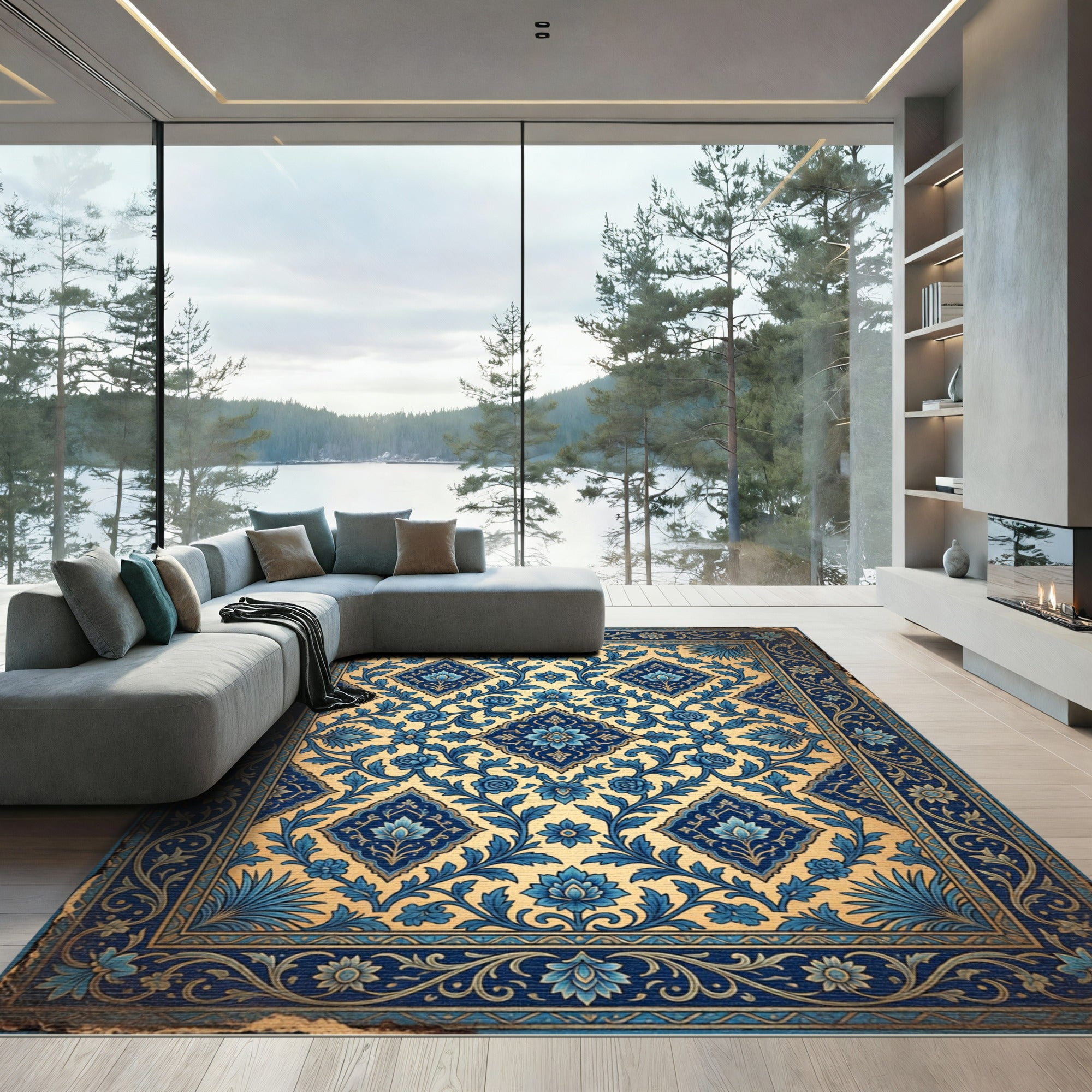 Ornate Blue Floral Medallion Gold Backdrop Rug