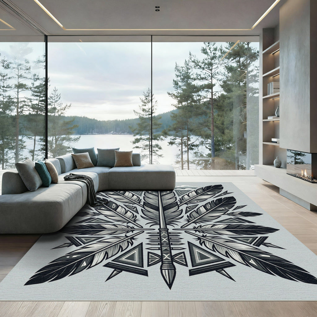 Monochromatic Feather Arrow Mandala Rug