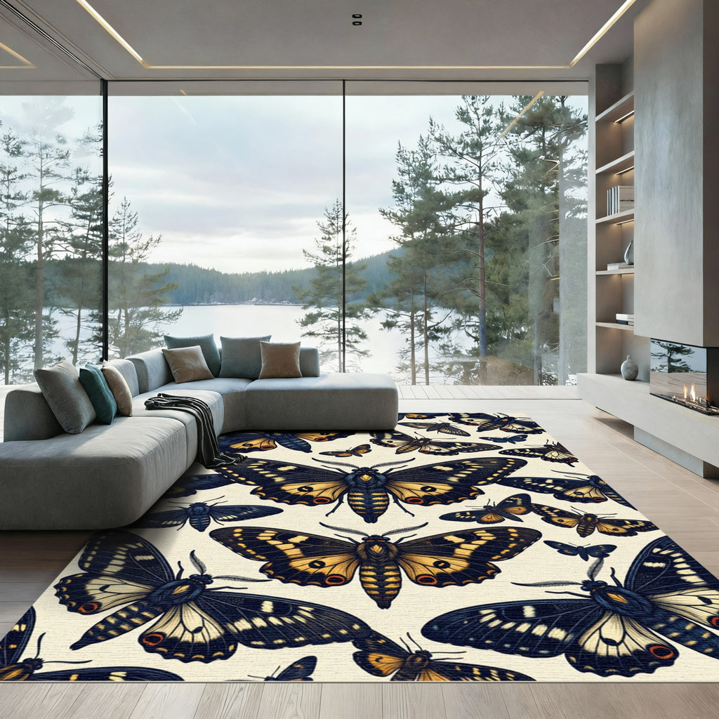 Dark Enchanted Moth Botanical Illustration Rug