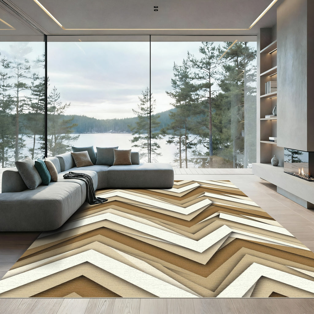 Modern Beige Chevron Layered Abstract Rug