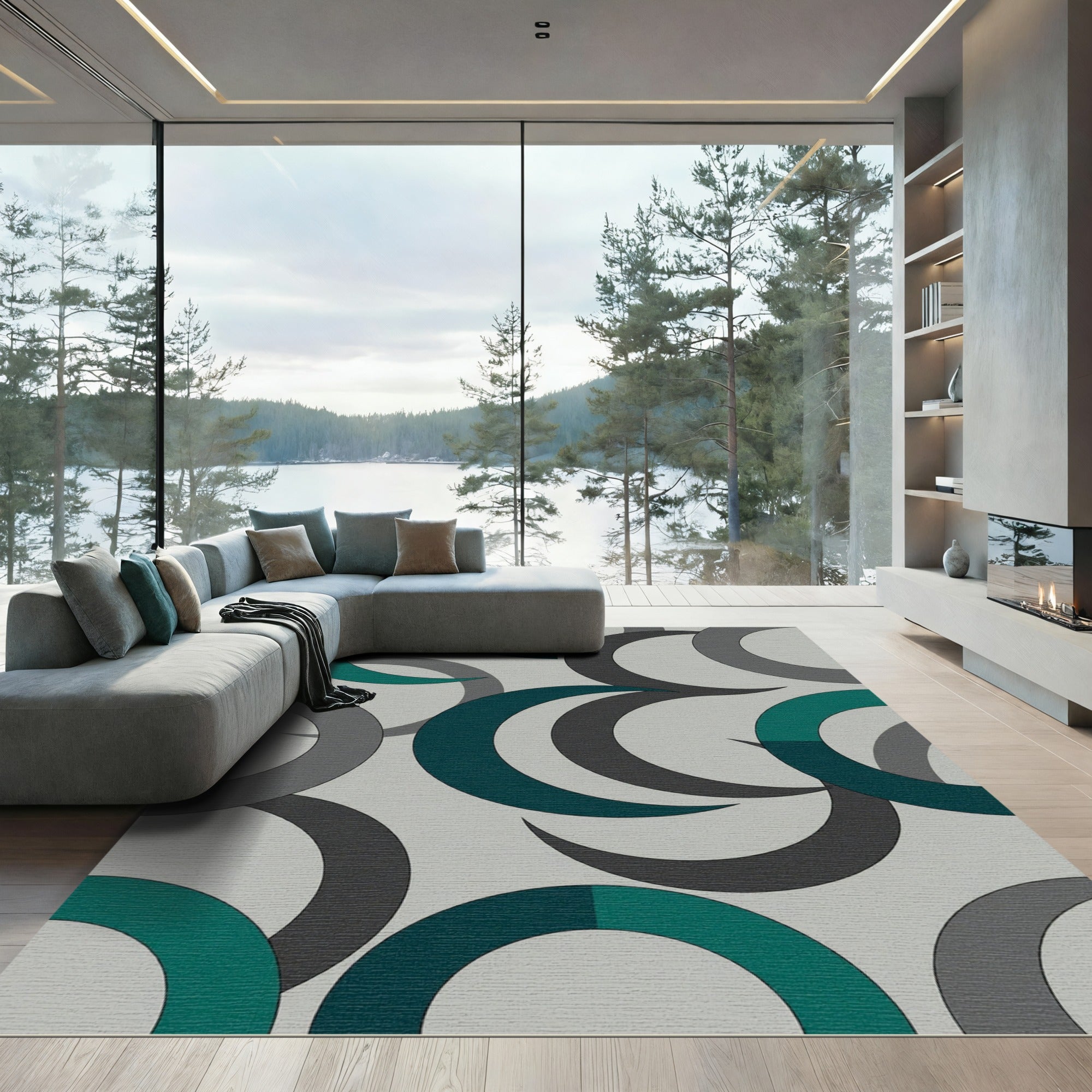 Modern Teal and Charcoal Crescent Arcs Rug