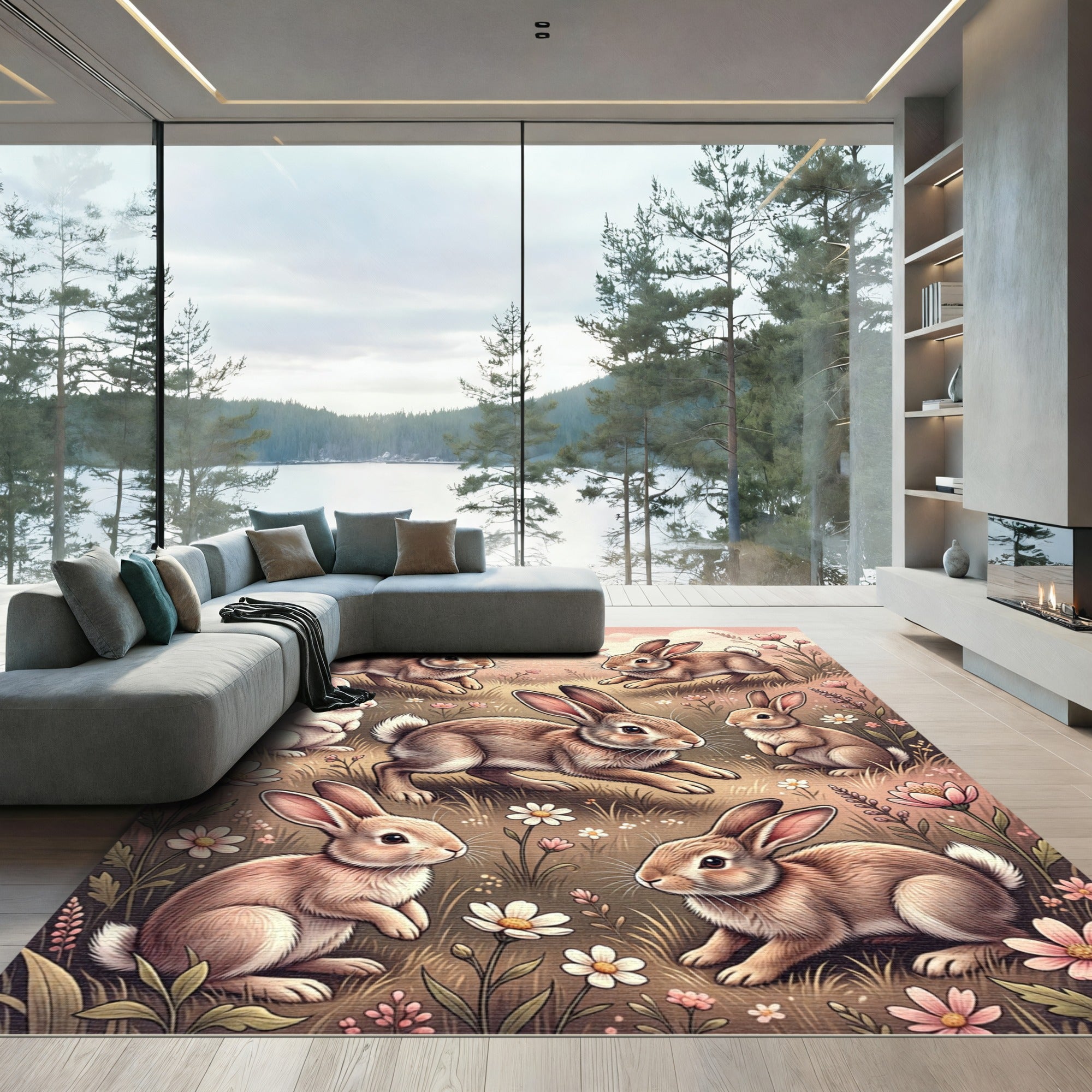 Whimsical Pastel Meadow Bunny Rabbit Scene Rug
