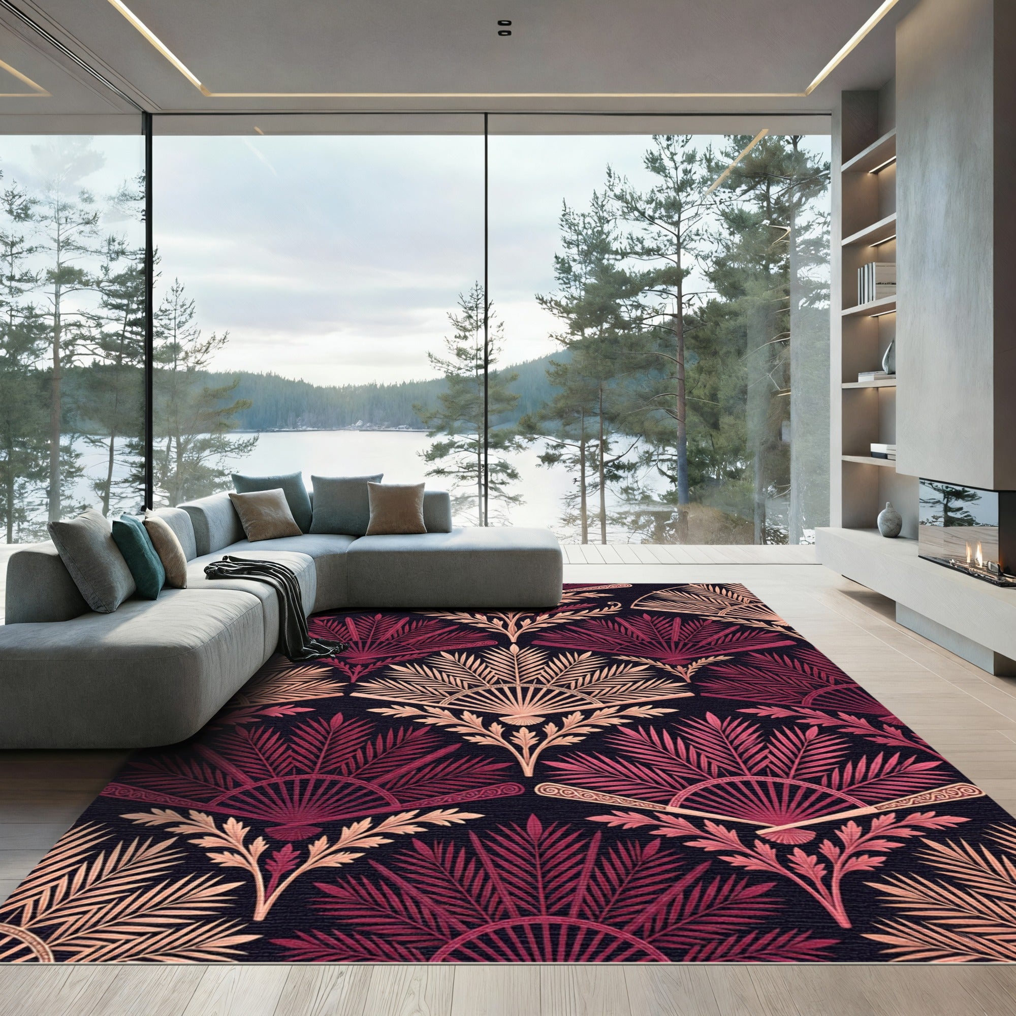 Art Deco Crimson Fan Leaf Garland Rug