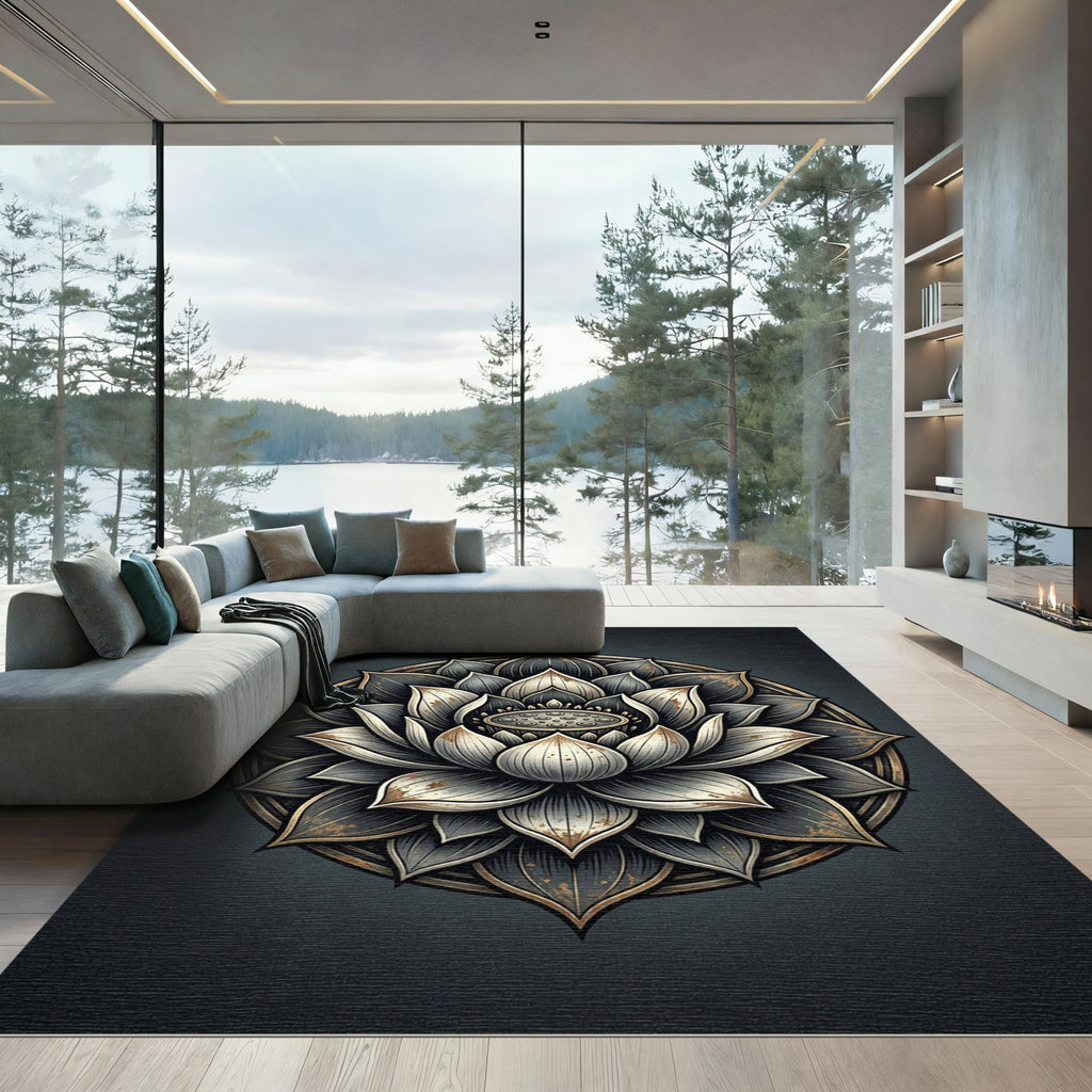 Gold and Charcoal Zen Lotus Mandala Rug
