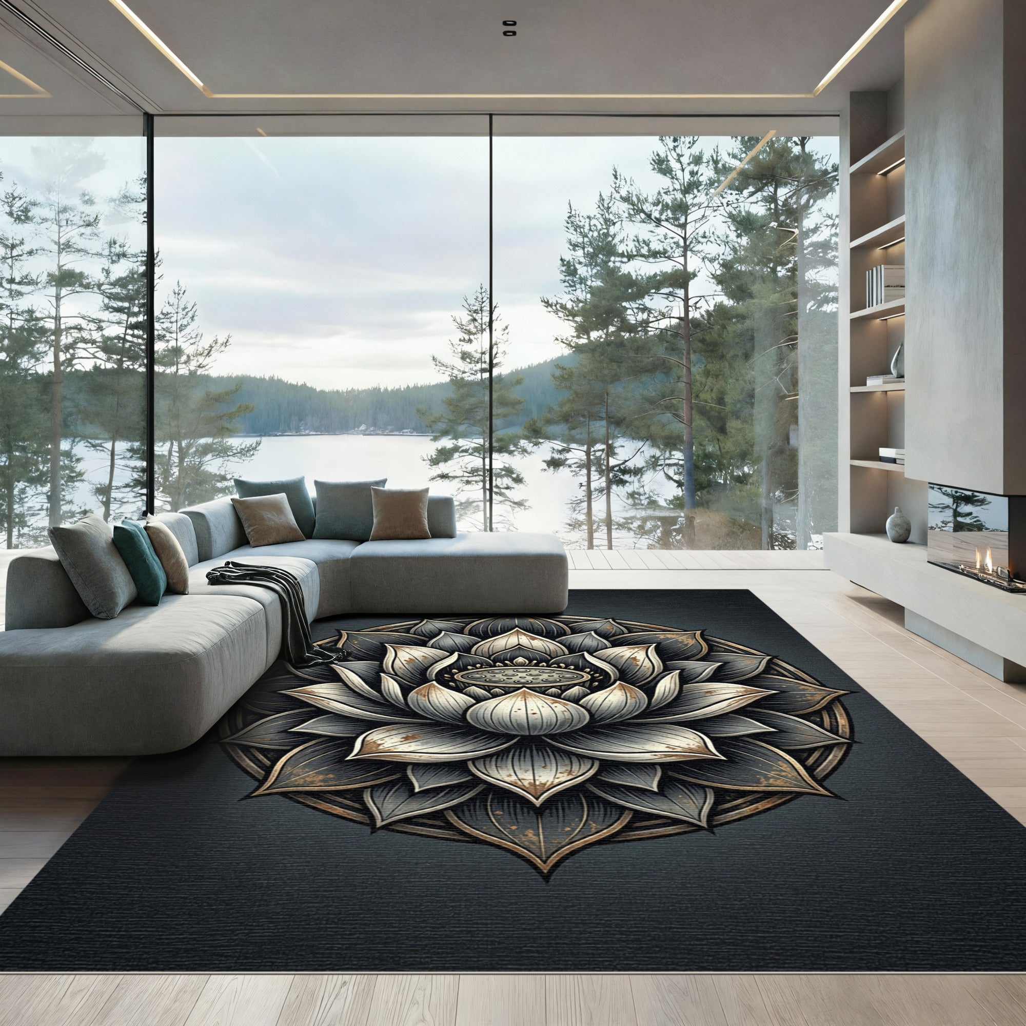 Gold and Charcoal Zen Lotus Mandala Rug
