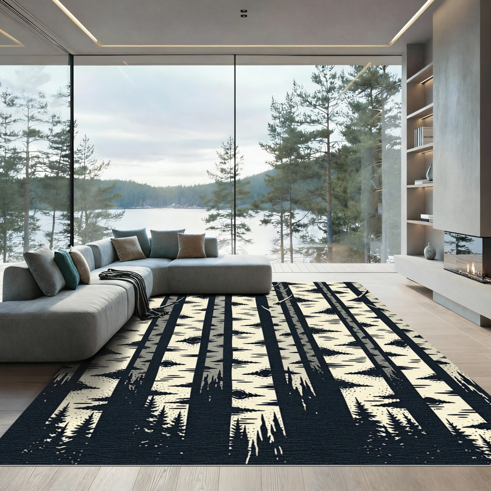 Eerie Monochrome Birch Forest Eyes Rug