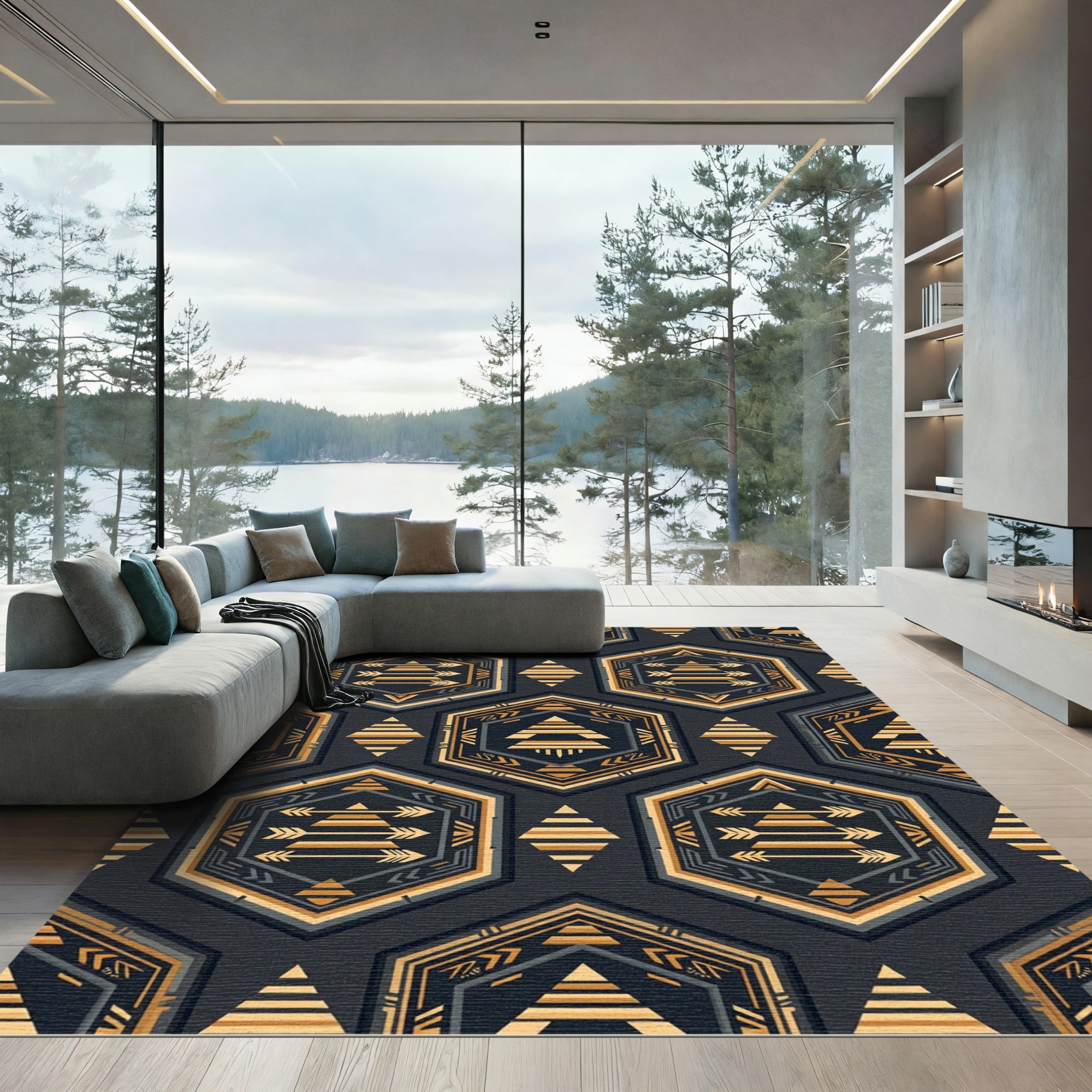 Golden Arrow Hexagon Geometric Slate Art Rug