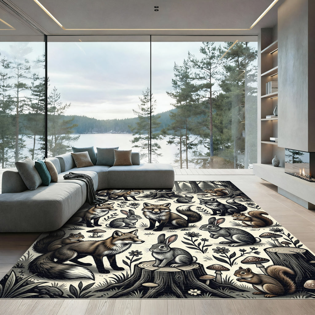 Whimsical Woodland Creatures Forest Sketch Rug