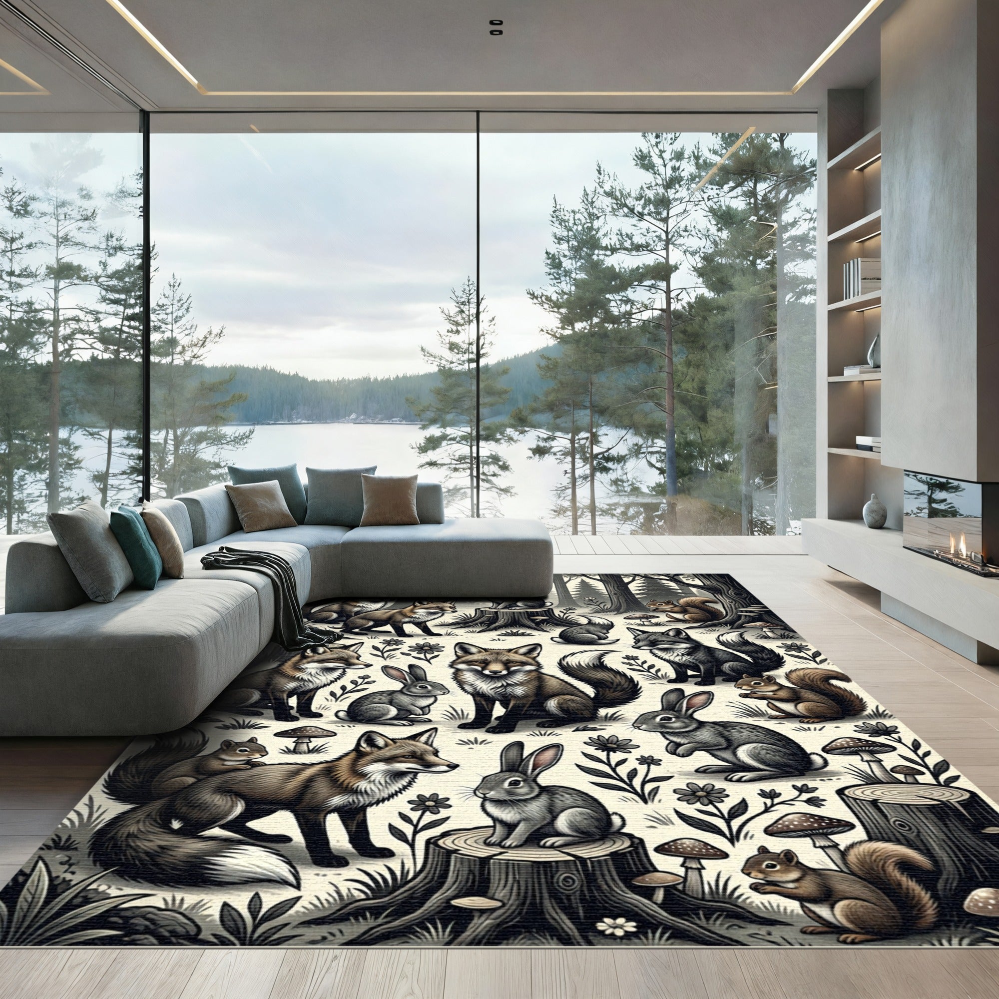 Whimsical Woodland Creatures Forest Sketch Rug