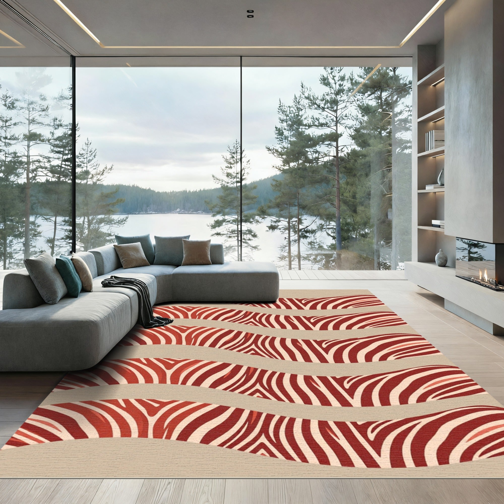 Crimson Zebra Stripe Waves Rug