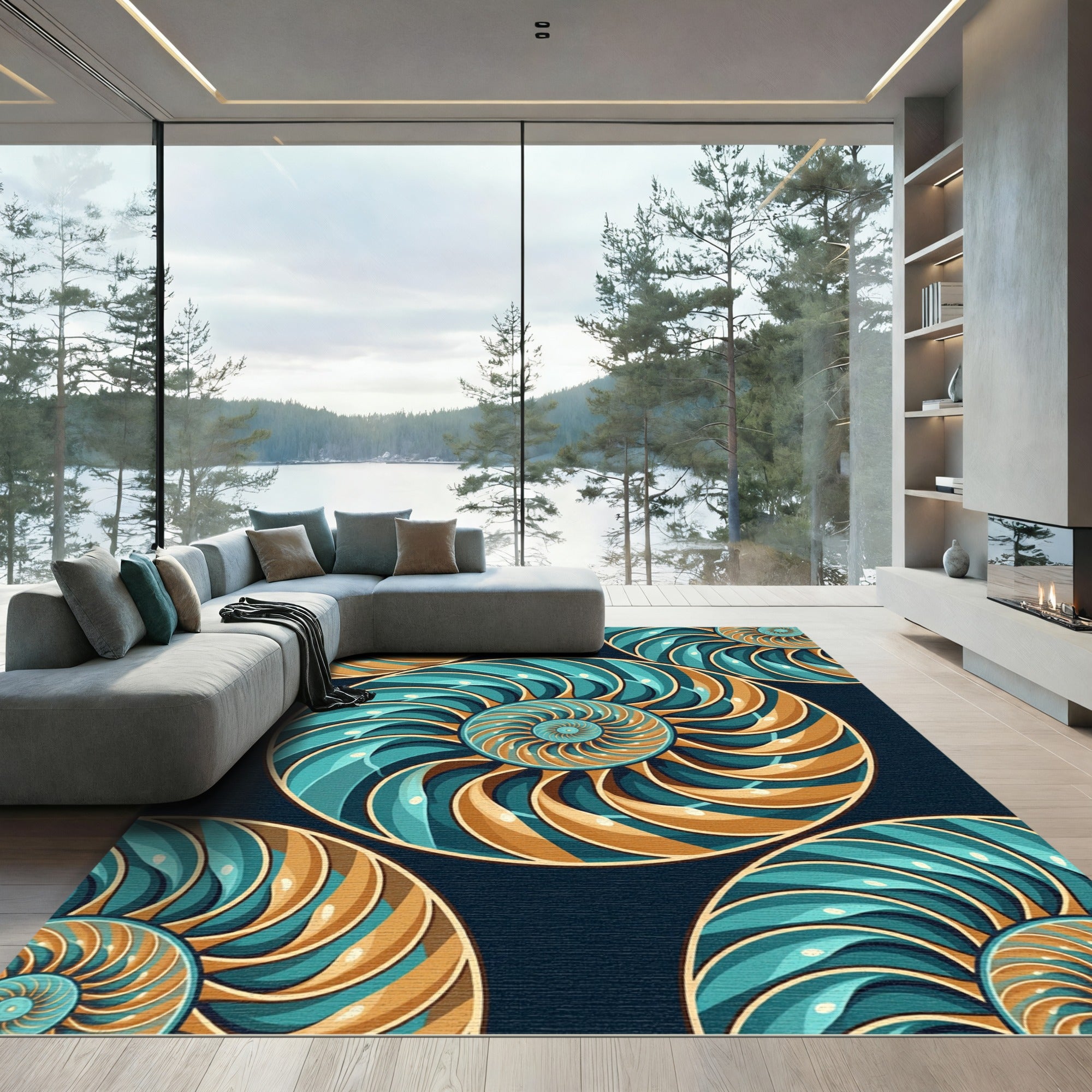 Teal Gold Nautilus Shell Swirl Rug