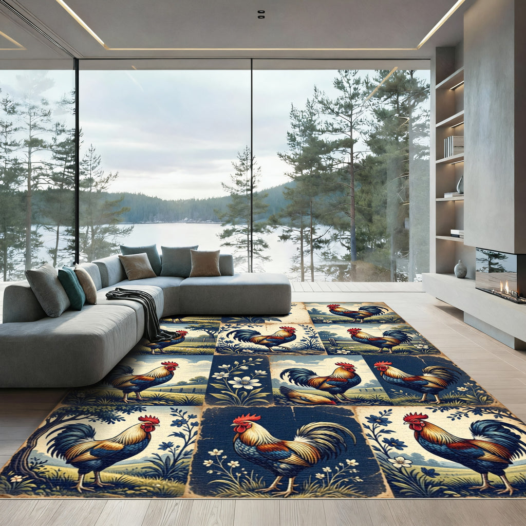 Rustic Farmhouse Rooster and Floral Grid Rug