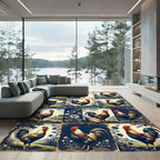 Rustic Farmhouse Rooster and Floral Grid Rug